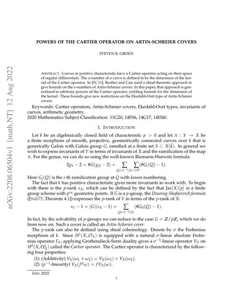 cartier operator|Powers of the Cartier operator on Artin–Schreier covers.